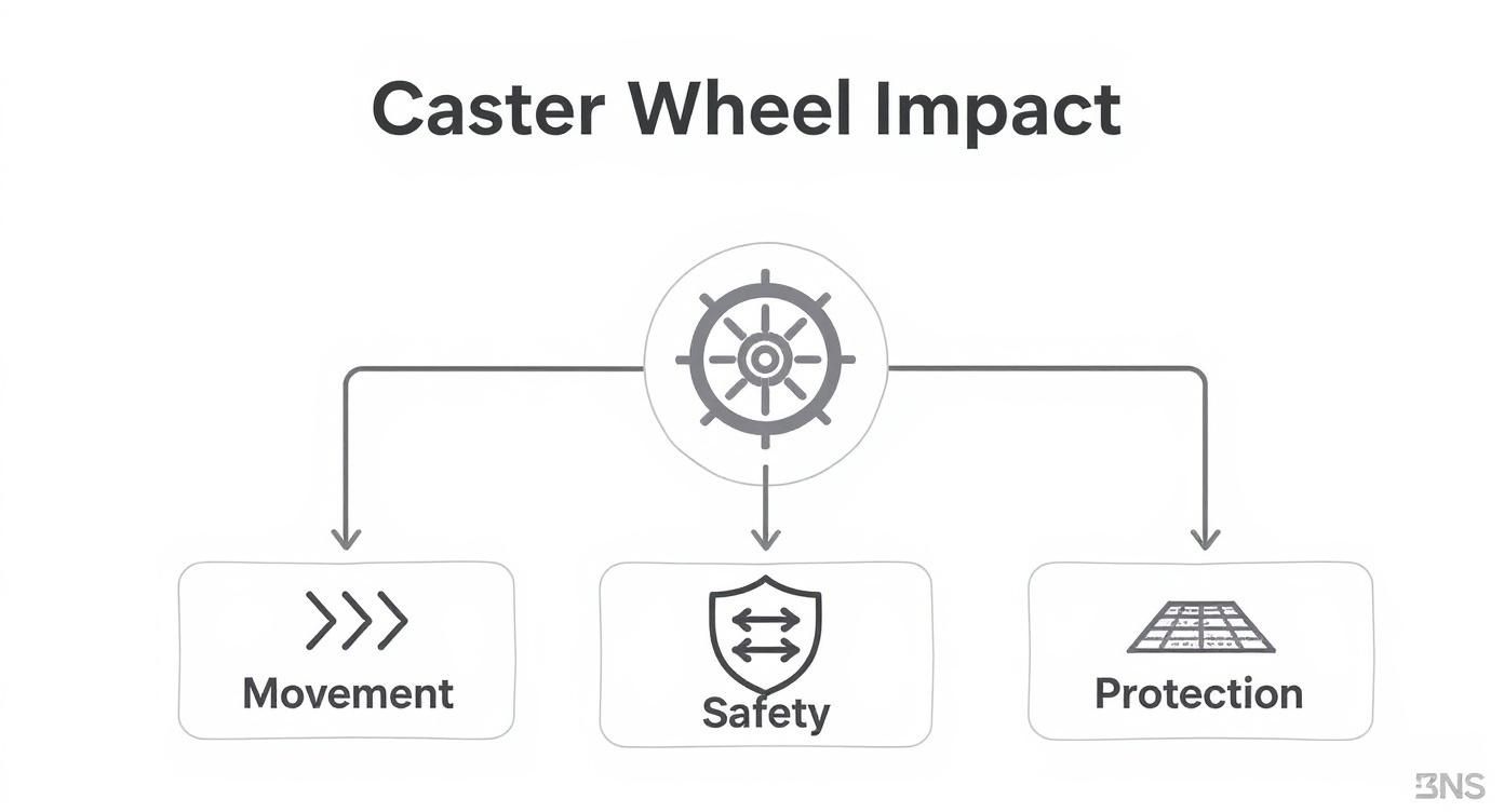 Diagram showing the impact of caster wheels on movement, safety, and protection with icons.