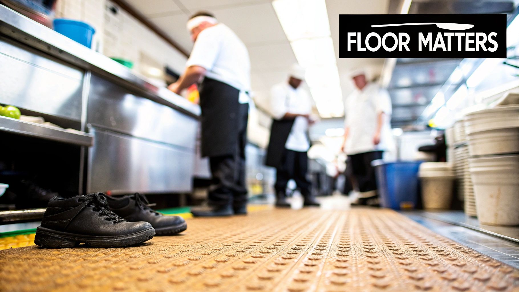 Black work shoes on an anti-fatigue mat in a busy commercial kitchen with chefs.