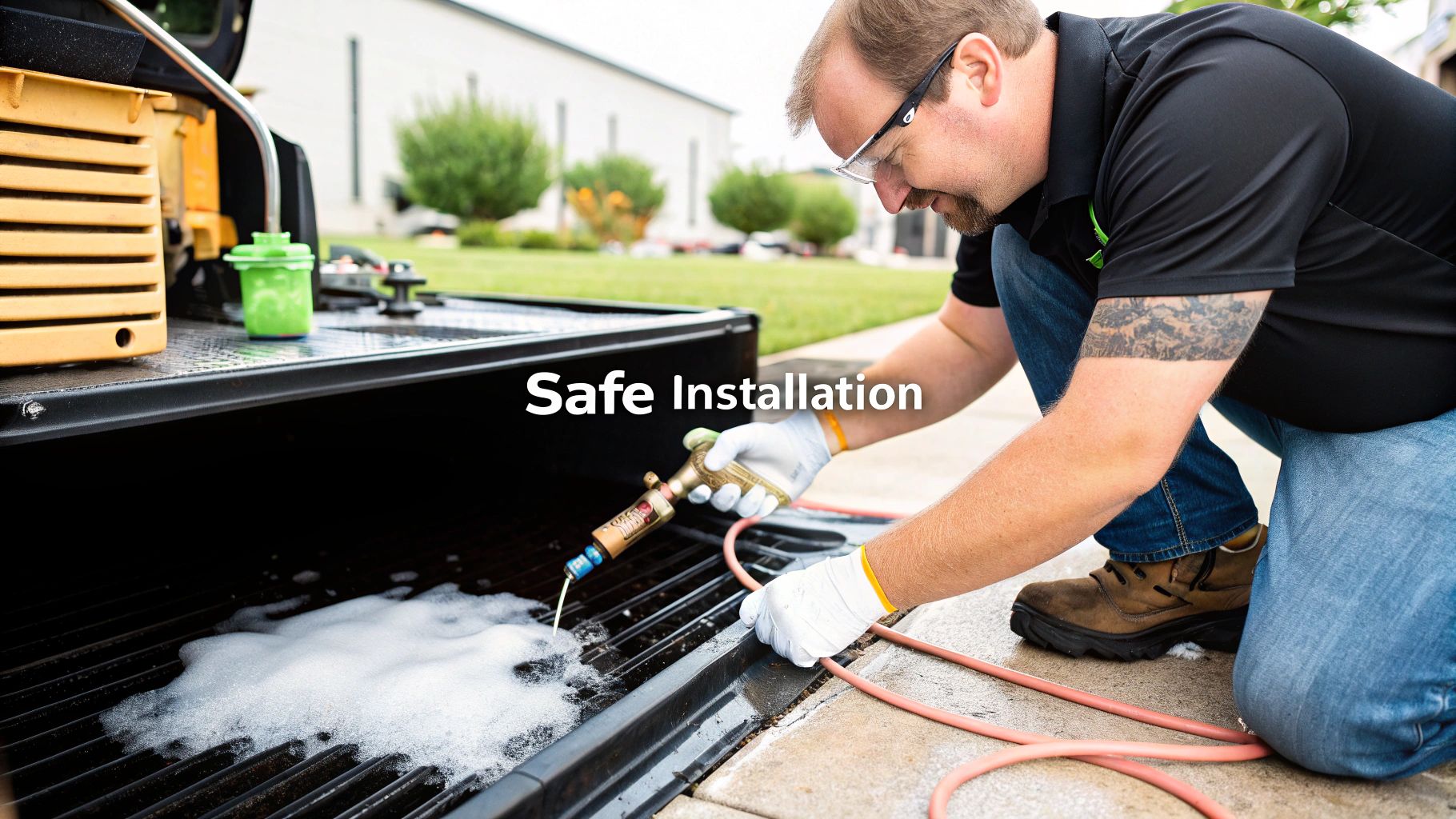A man in safety glasses and gloves performing a gas leak test with foam on a gridded surface.