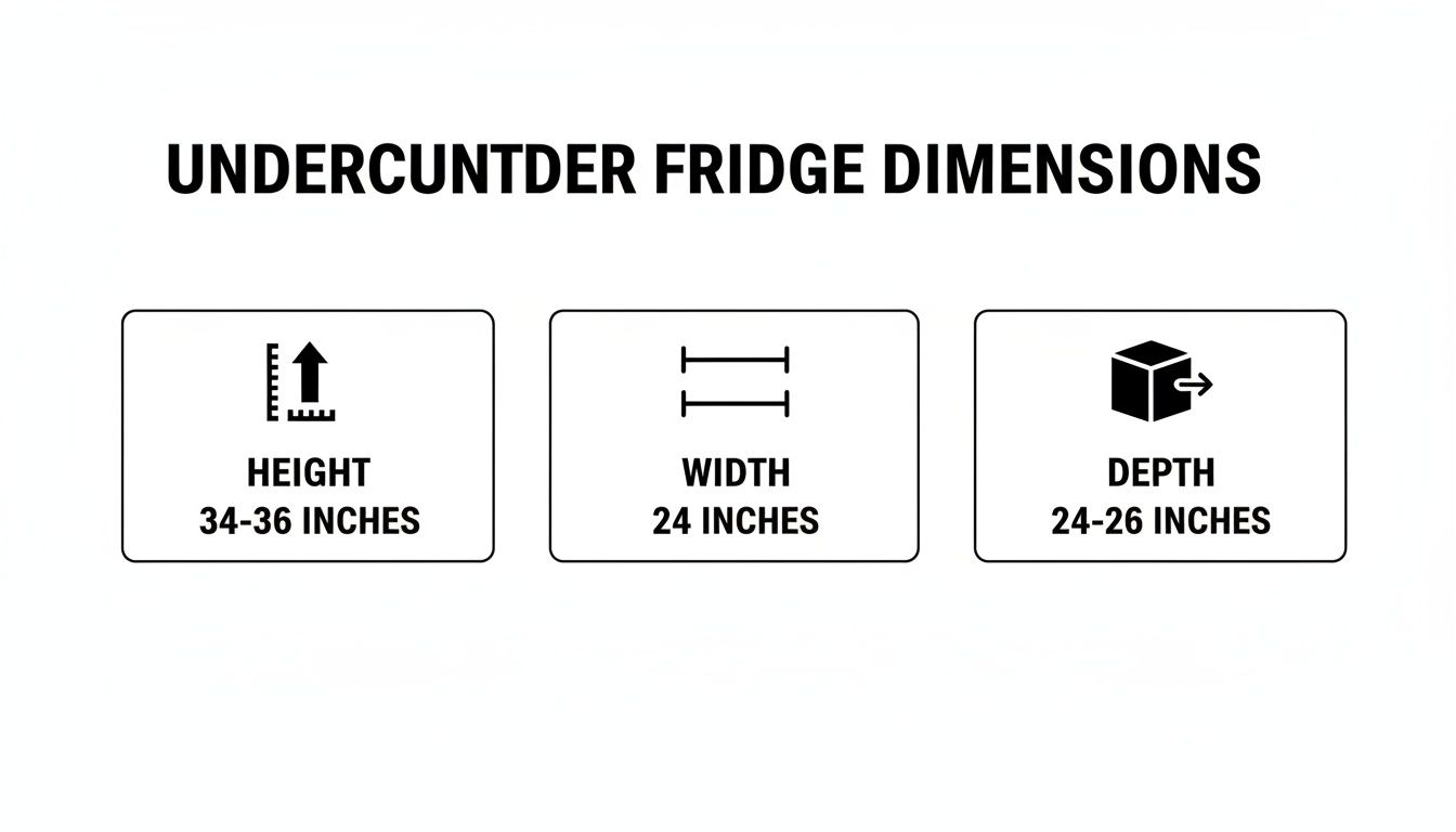 Undercounter fridge dimensions: height 34-36 inches, width 24 inches, and depth 24-26 inches.