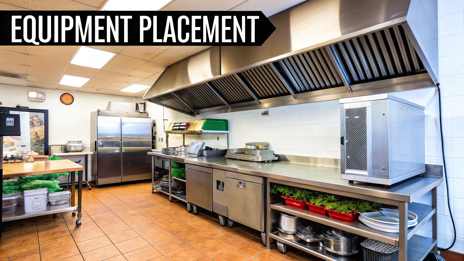 A well-organized commercial kitchen featuring stainless steel appliances, prep areas, and ventilation hoods.