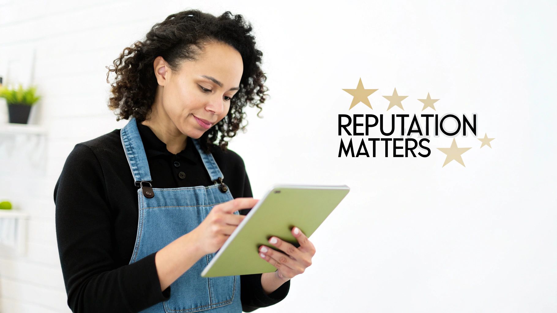 A woman in a denim apron uses a tablet, with 'Reputation Matters' text and golden stars.