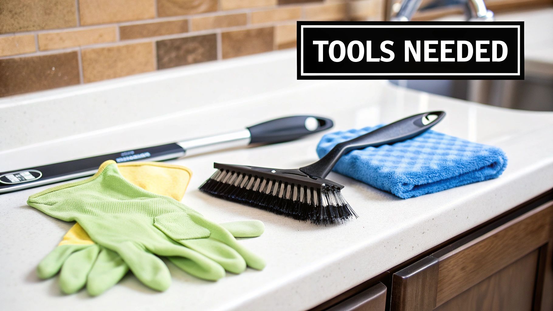A collection of grill cleaning tools, including a brush, scraper, gloves, and oil, laid out on a wooden surface.