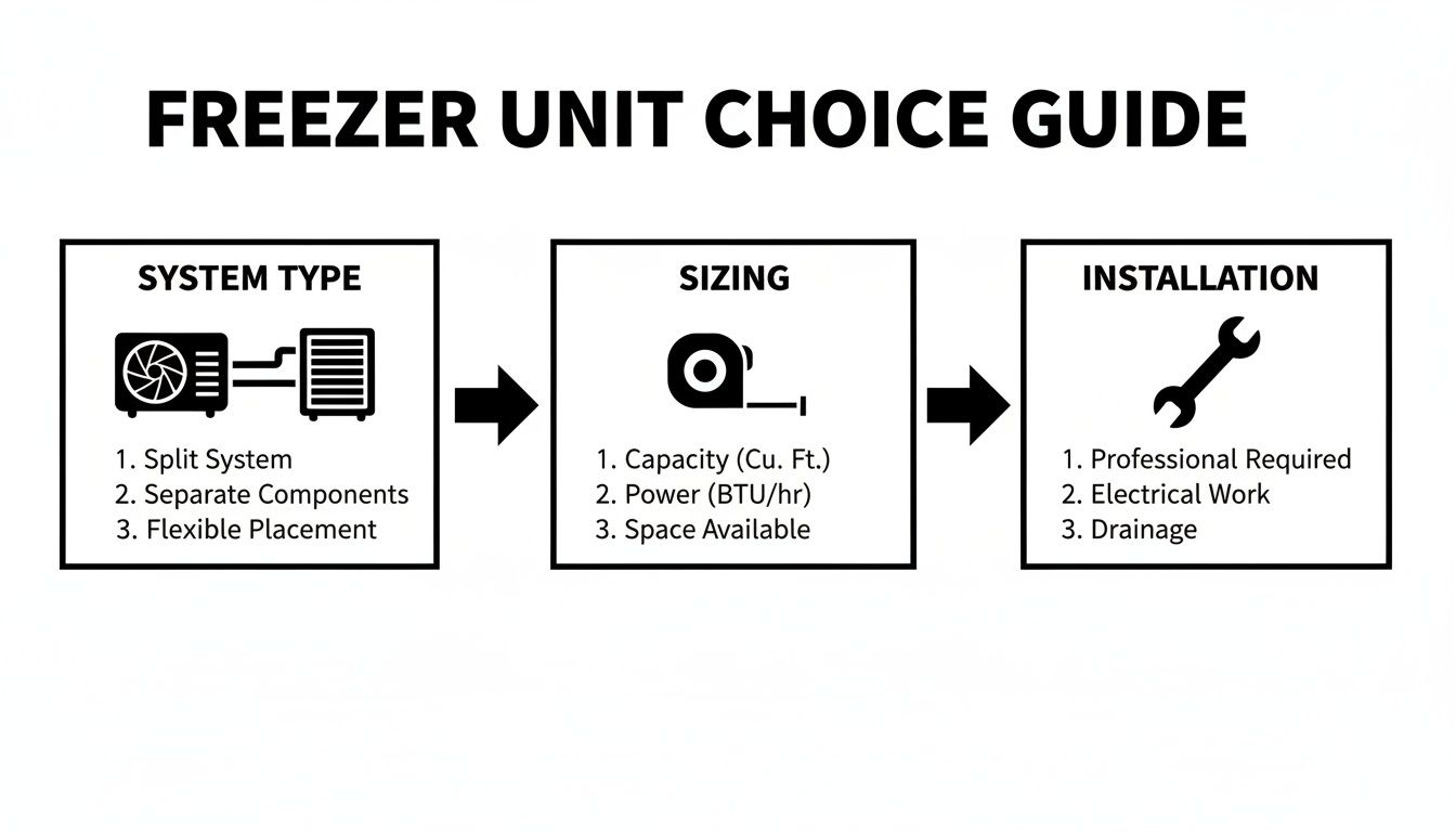 A flowchart titled 'Freezer Unit Choice Guide' detailing steps for system type, sizing, and installation considerations.