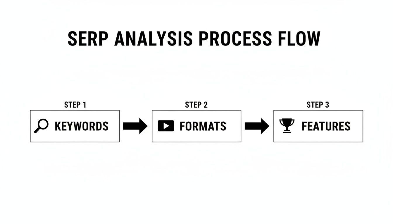 A three-step SERP analysis process flow illustrating keywords, formats, and features.