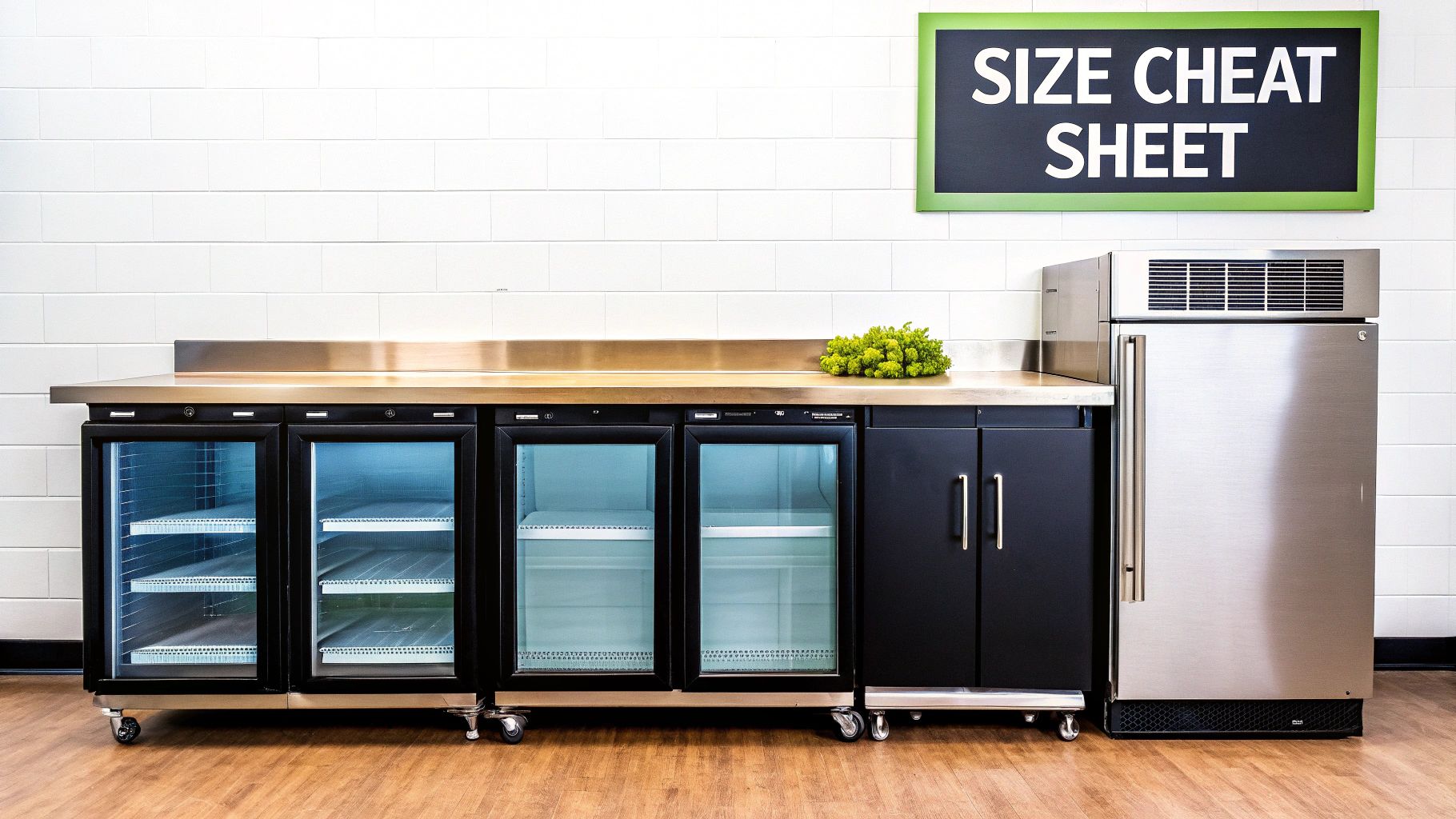 A clean commercial kitchen setup featuring multiple undercounter refrigerators, a stainless steel counter, and a size chart.