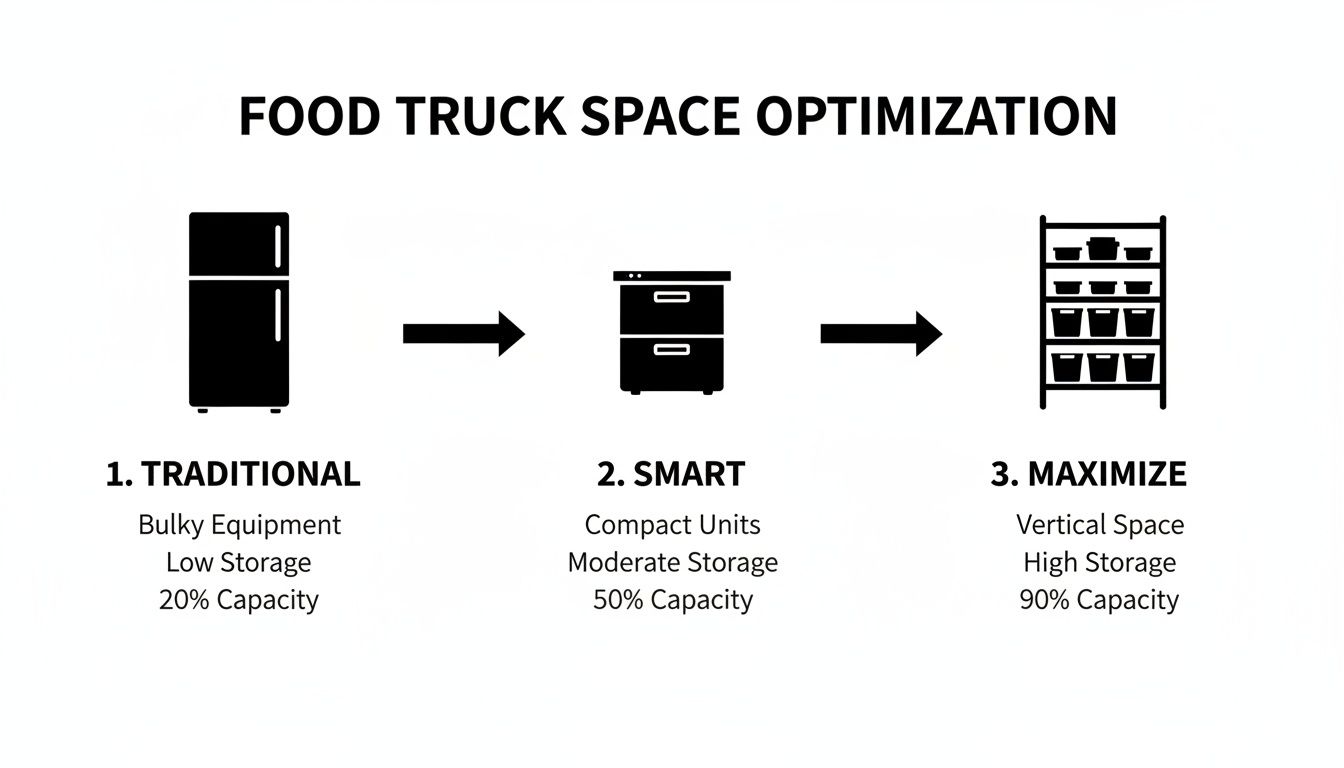 Diagram illustrating food truck space optimization, transitioning from bulky traditional equipment to smart compact units and maximized vertical storage.