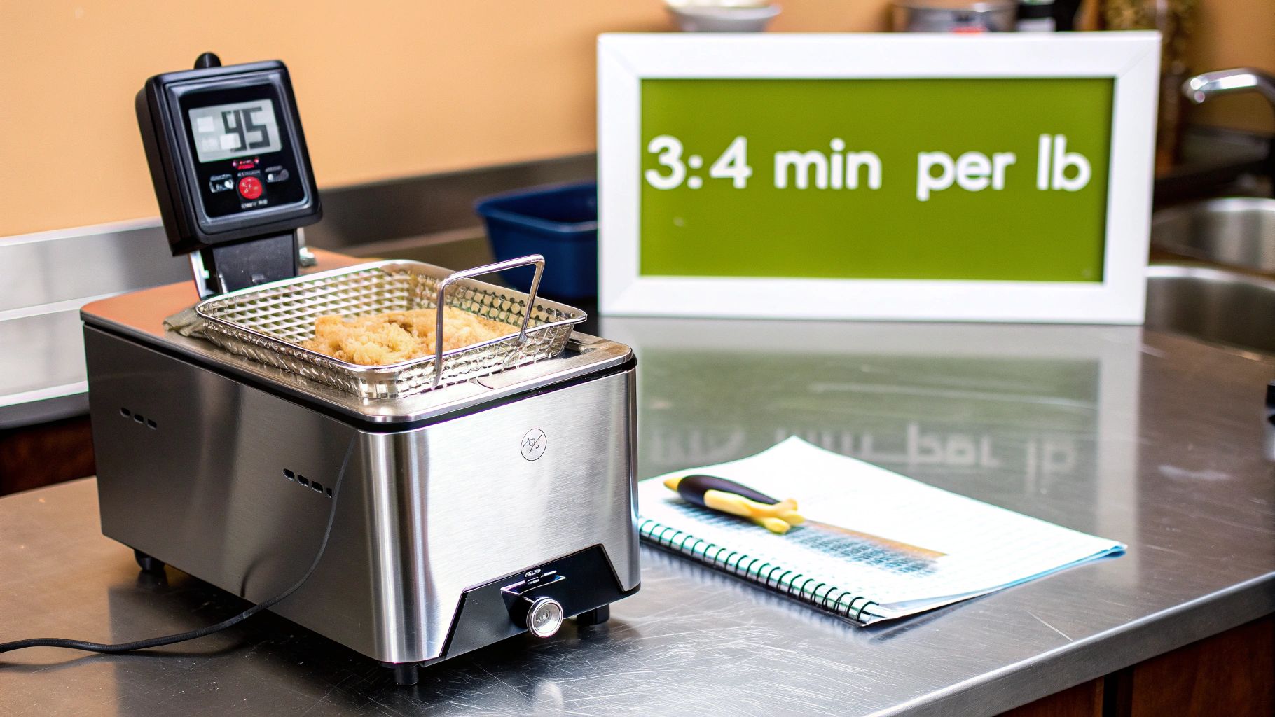 A deep fryer with food and a digital thermometer displaying 95, alongside a sign with deep frying cooking times.