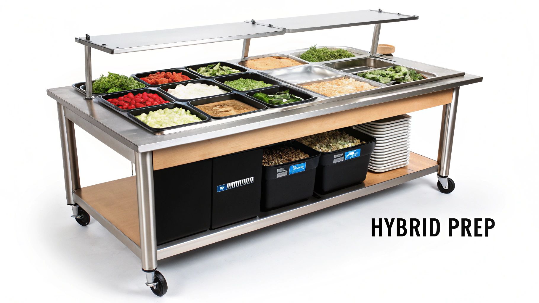 A mobile stainless steel food prep station with various fresh ingredients, storage bins, and plates.