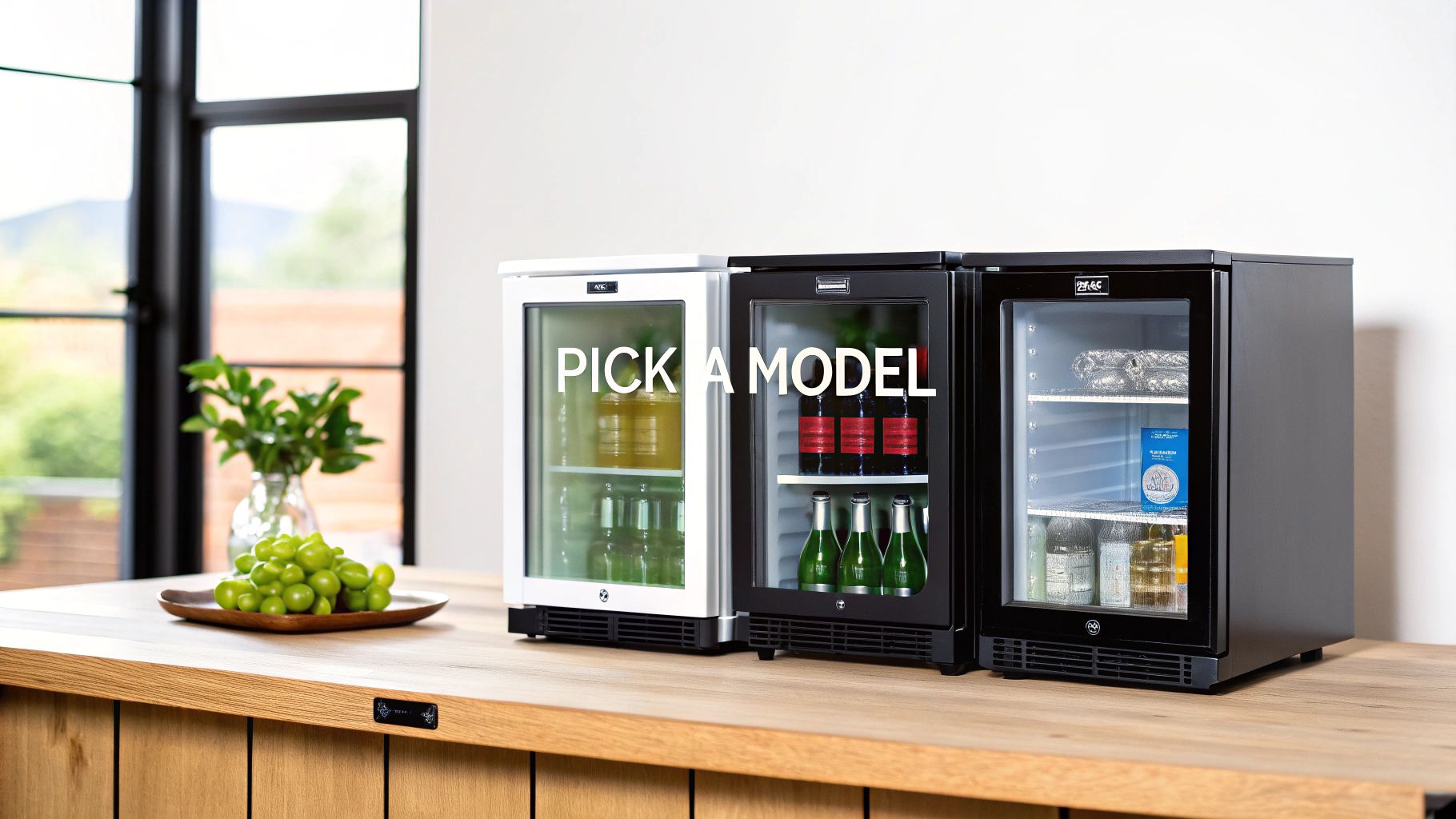 Three under-counter mini-fridges on a wooden counter with drinks and grapes, featuring text 'PICK A MODEL'.