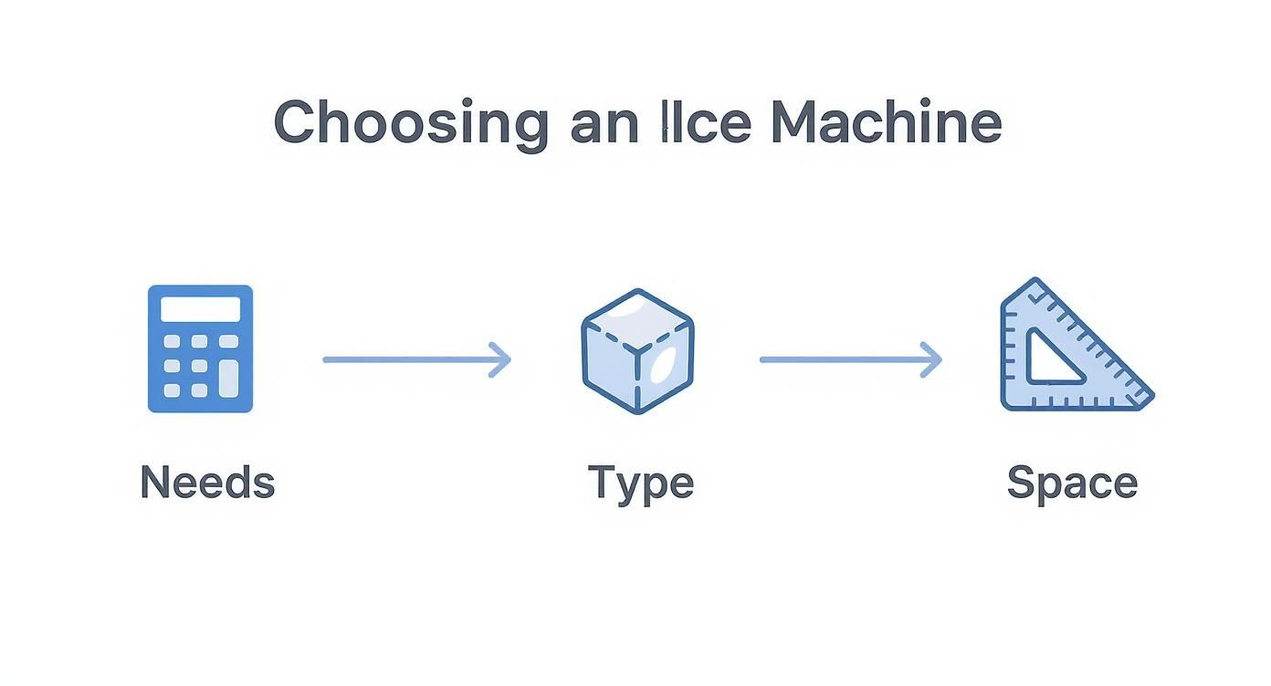 A flowchart titled 'Choosing an Ice Machine' shows steps: Needs (calculator), Type (ice cube), and Space (ruler).