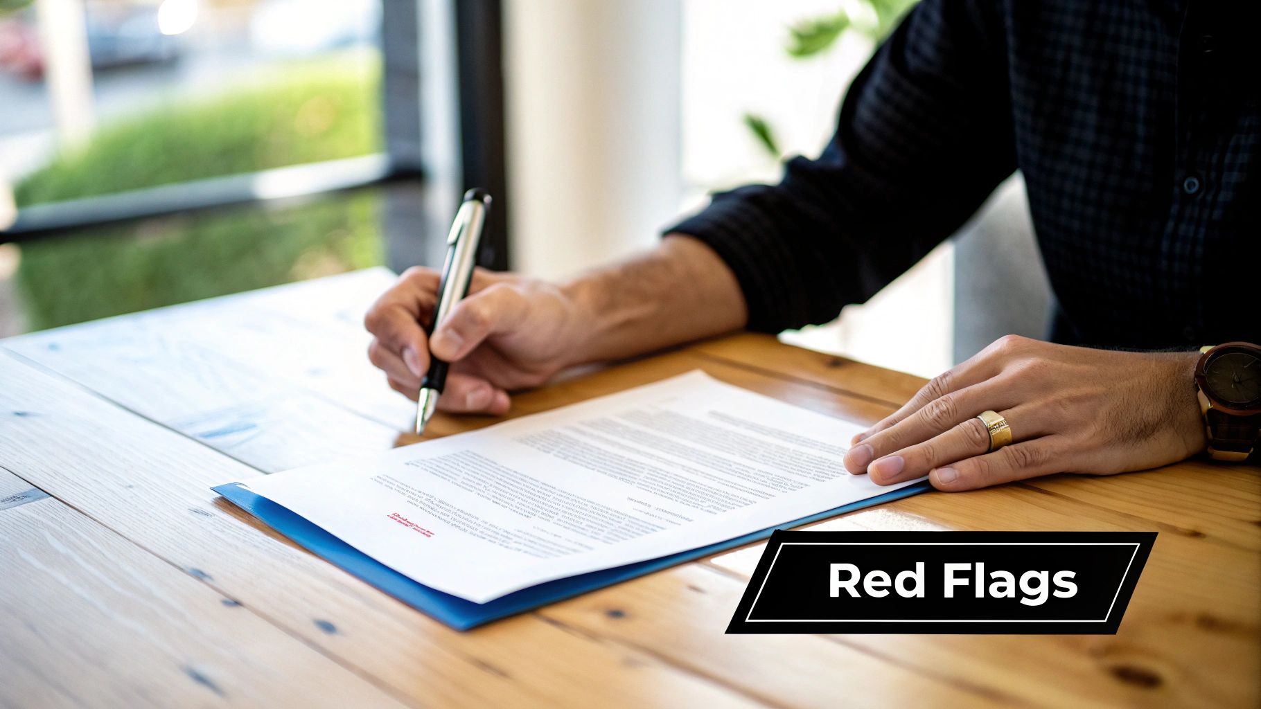 A man's hands signing a document on a wooden table, with a 'Red Flags' text overlay.