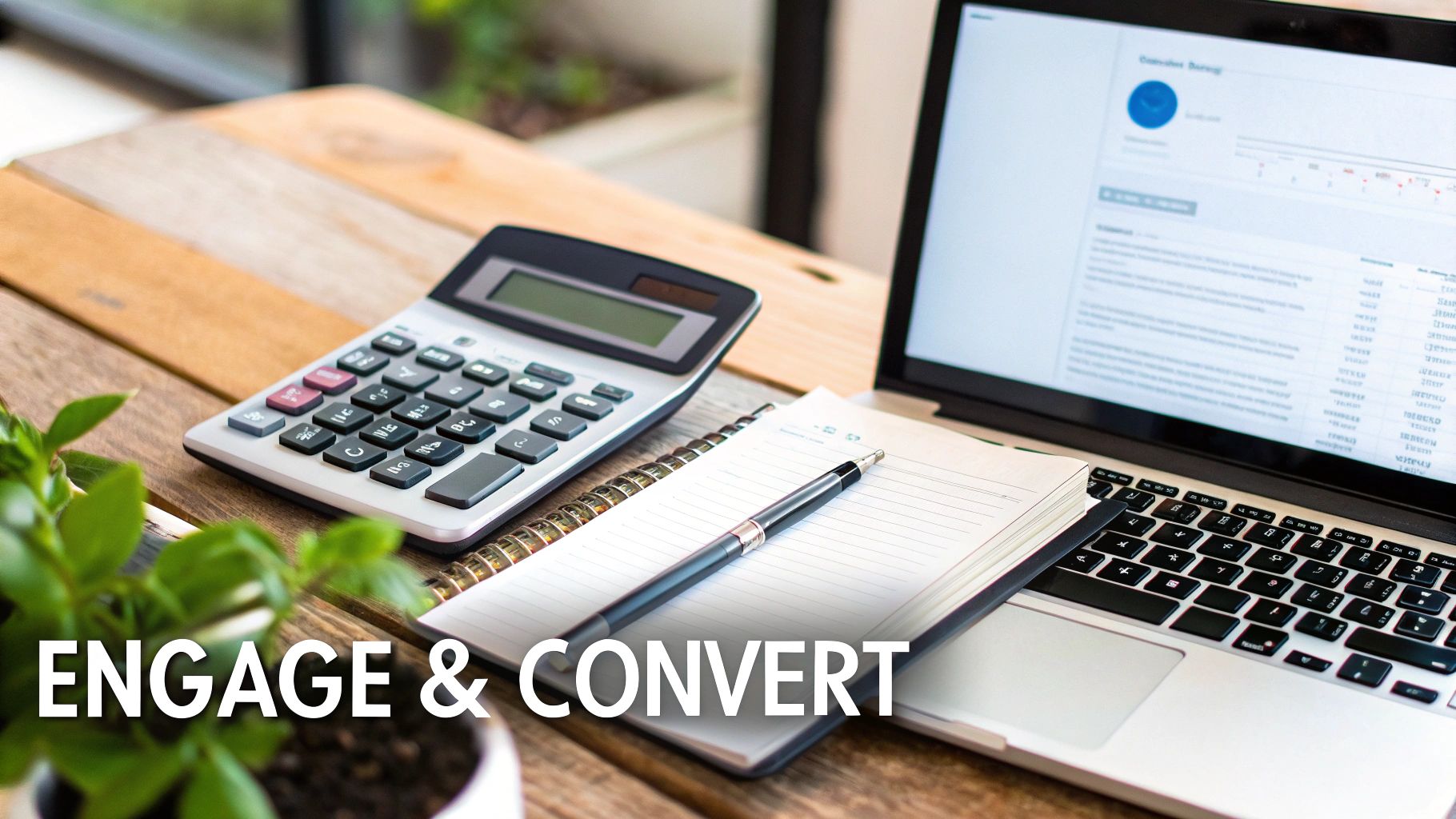 A calculator, notebook, pen, and laptop showing analytics on a wooden desk with 'ENGAGE & CONVERT' text.