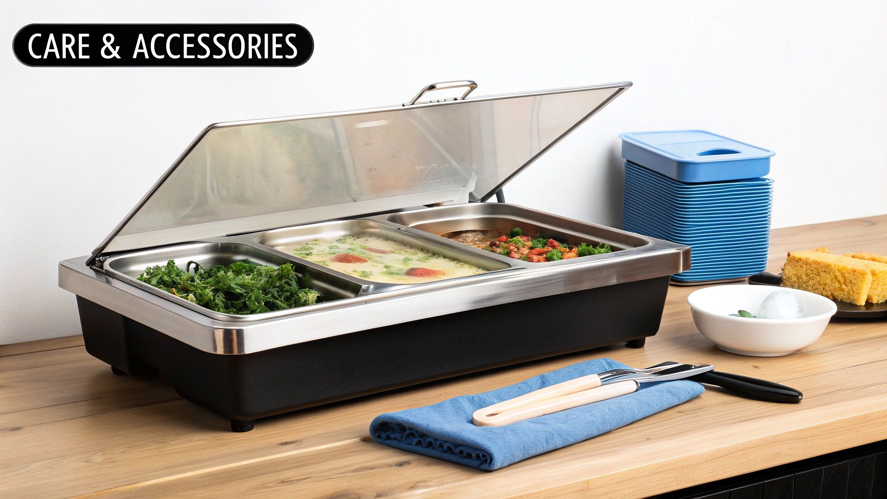 A stainless steel buffet food warmer with three dishes, blue containers, cake, and cutlery on a wooden table.