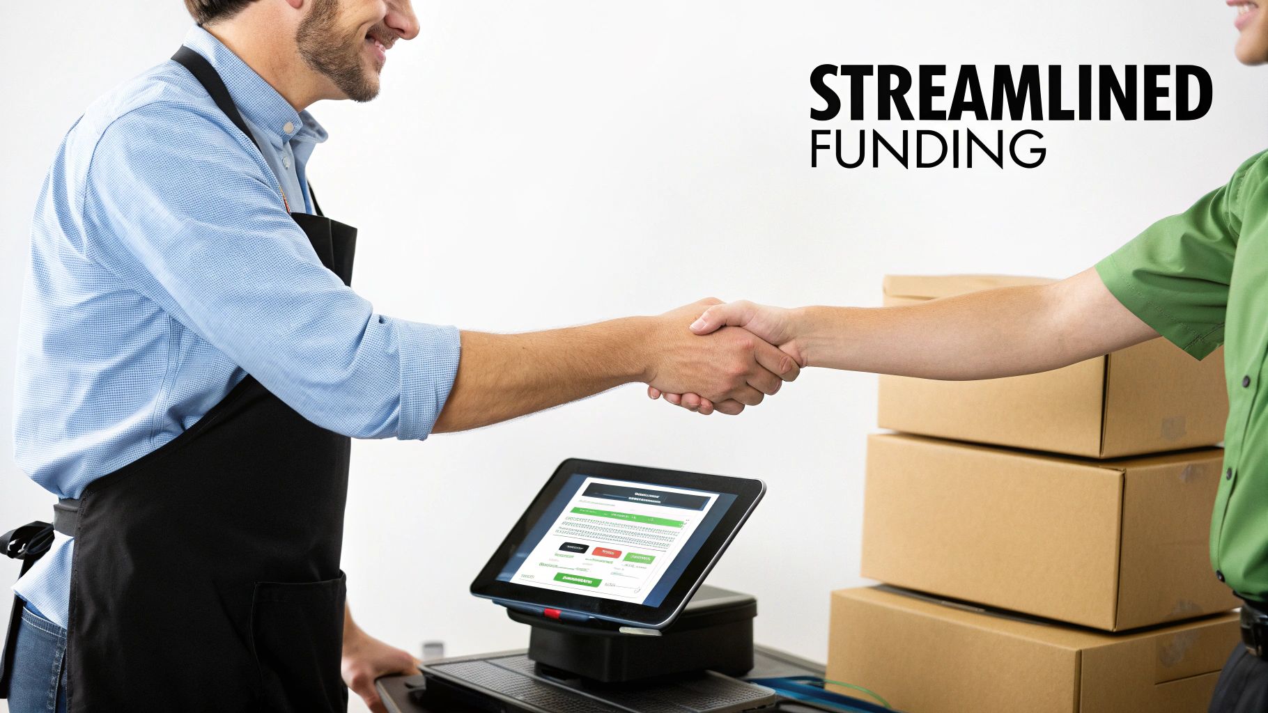 Two smiling individuals shake hands over a tablet, displaying 'Streamlined Funding' for business.