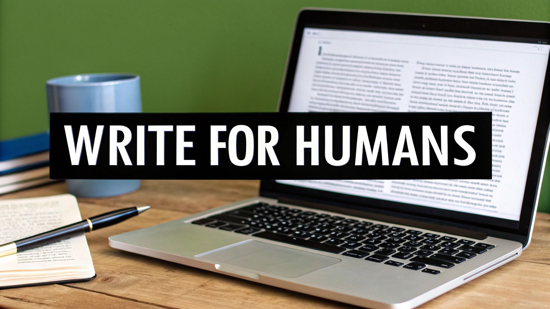 Desk setup with laptop, open notebook, pen, and mug, featuring 'WRITE FOR HUMANS' text.
