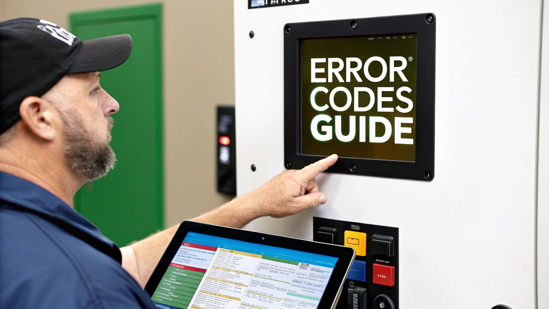 Technician pointing to an 'ERROR CODES GUIDE' screen while using a tablet.