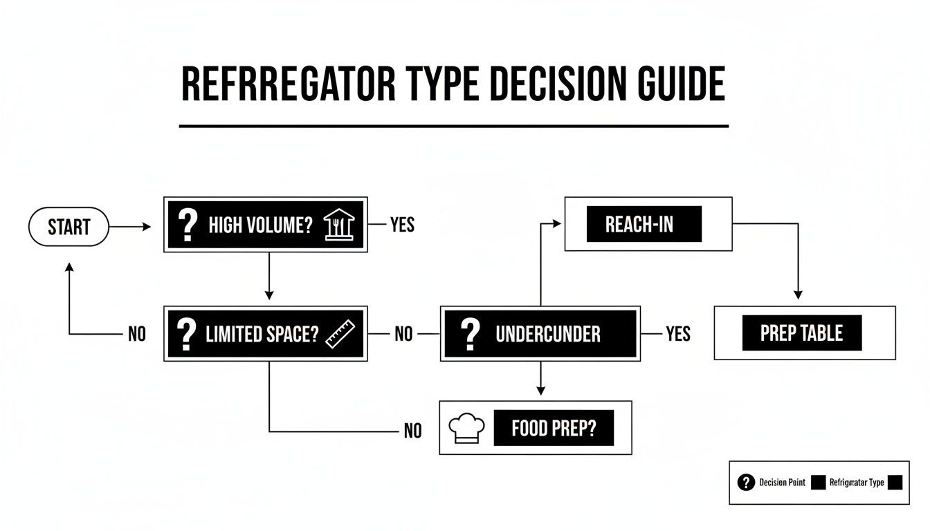 A flowchart titled 'Refrigerator Type Decision Guide' for selecting refrigerator types based on needs.