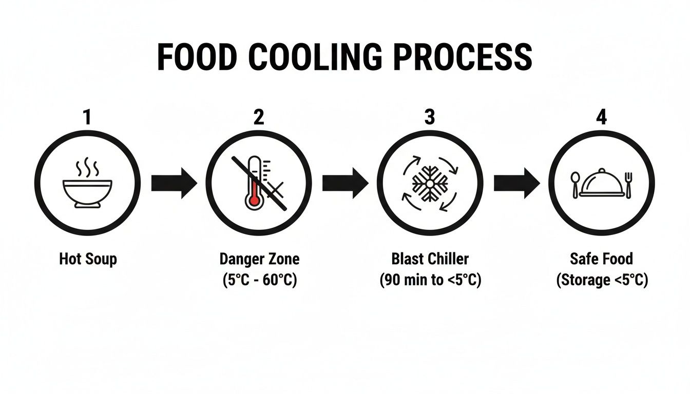 Diagram illustrating the food cooling process from hot soup to safe storage using a blast chiller.