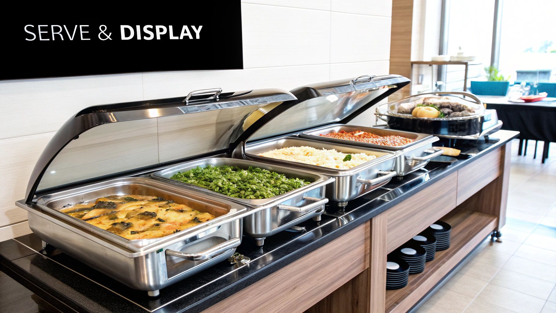 A person wearing blue gloves carefully wiping down the interior of a clean, stainless steel commercial countertop food warmer.