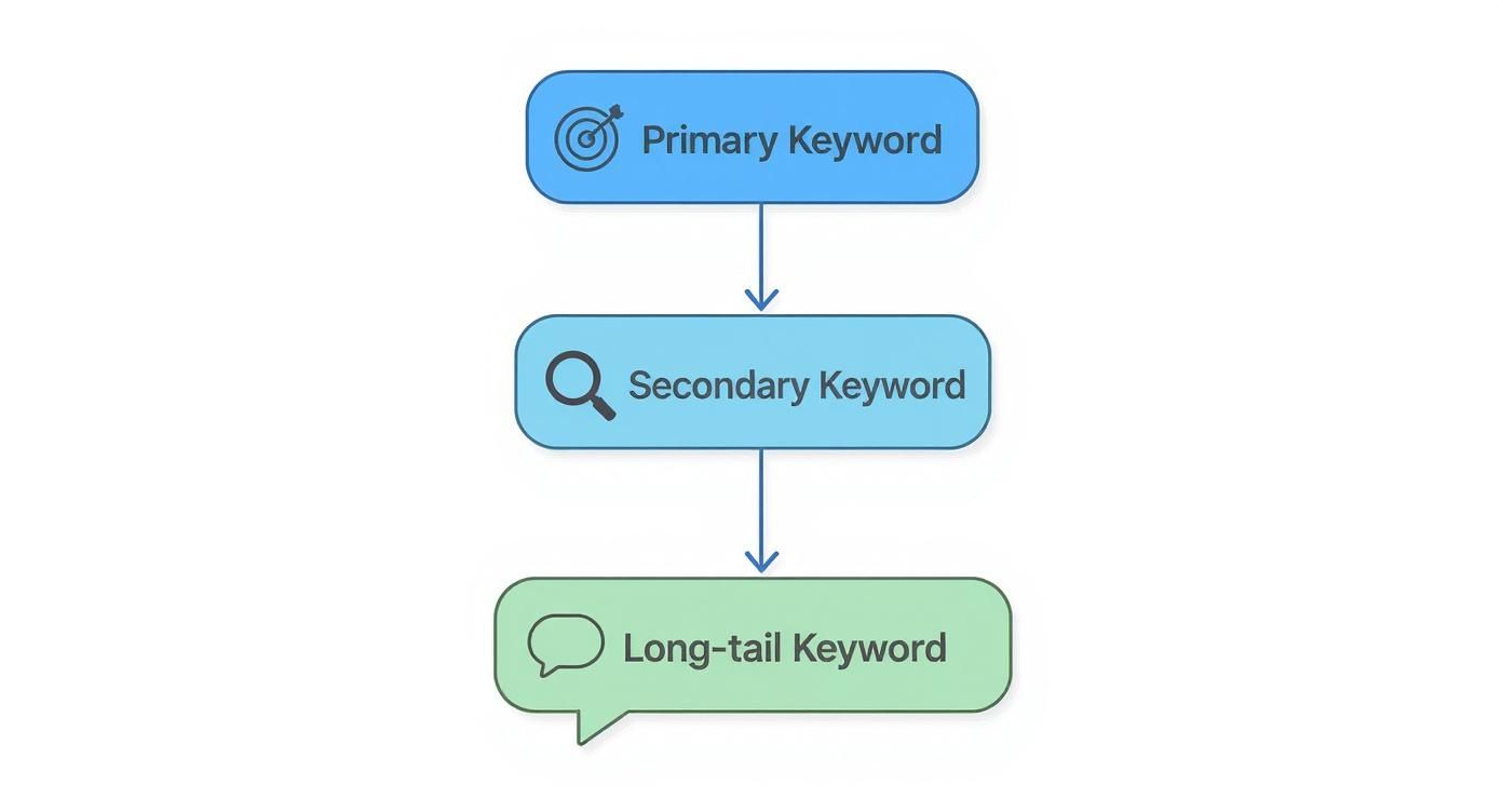 A flowchart diagram illustrating a keyword hierarchy: Primary Keyword, Secondary Keyword, and Long-tail Keyword.