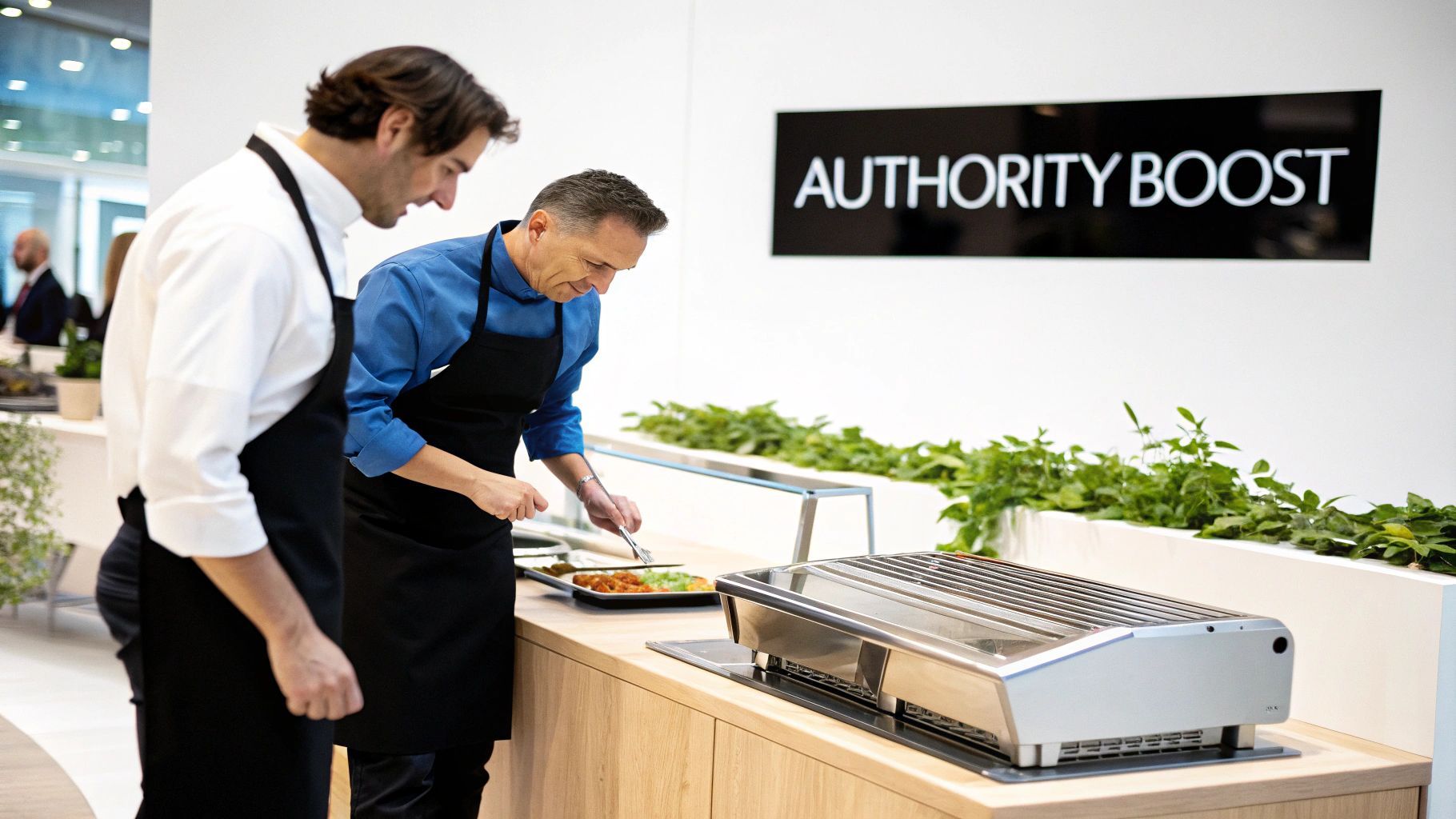 Two men in aprons serving food at a modern buffet with a "AUTHORITY BOOST" sign.