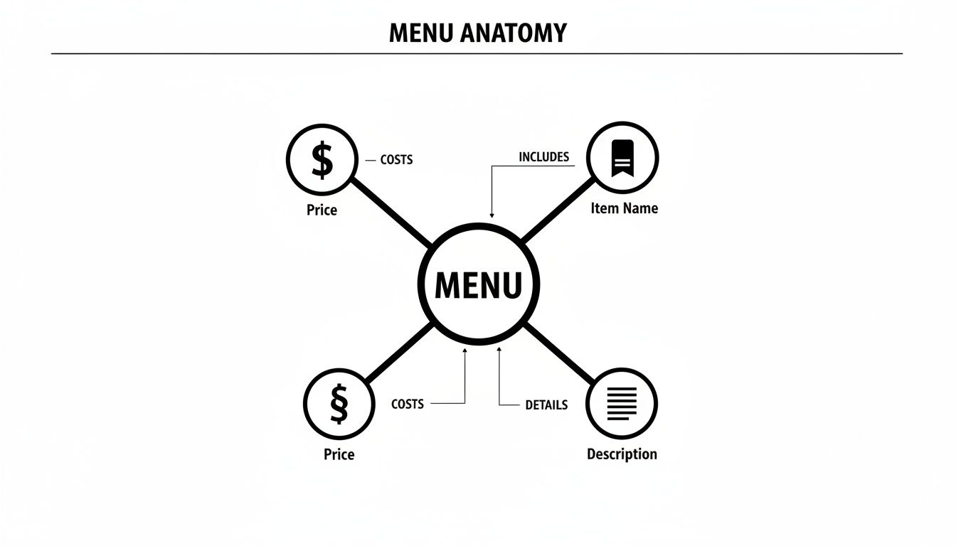 A diagram titled 'Menu Anatomy' illustrating the components of a menu, including price, item name, and description.