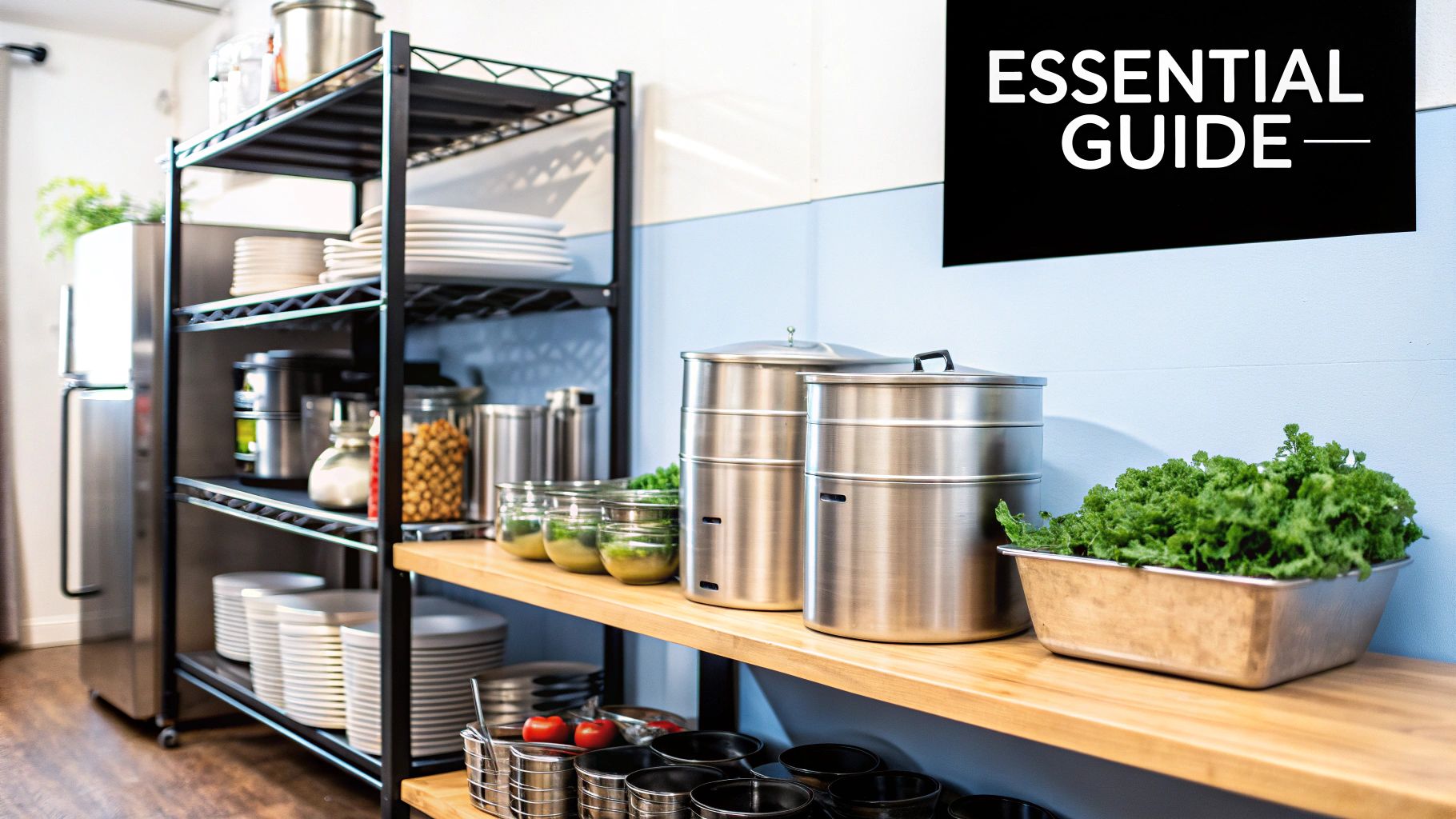 A functional kitchen with stainless steel shelving units, large pots, and organized food storage.