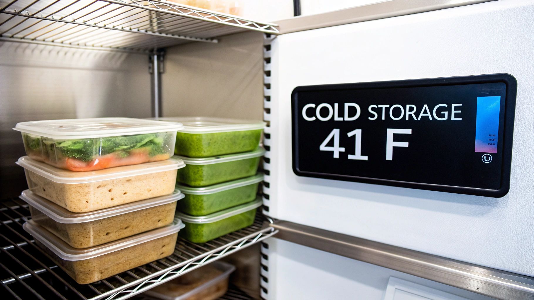 Commercial refrigerator with multiple food containers, showing a 'COLD STORAGE 41 F' sign.