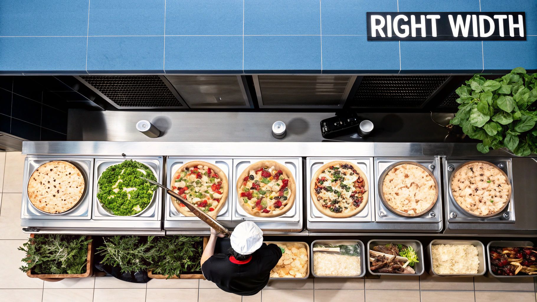 Aerial view of a chef preparing various pizzas at a professional food station.
