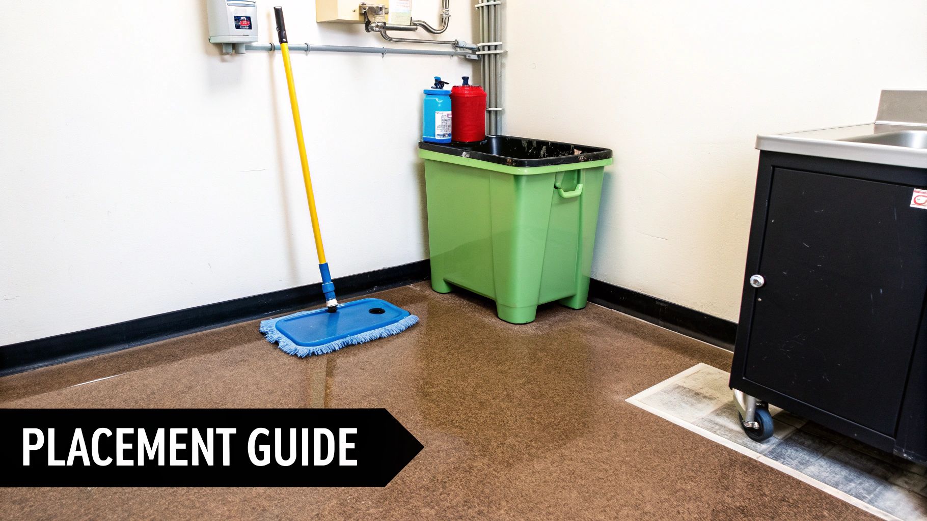 A well-placed mop sink in a commercial utility closet, showing easy access to cleaning supplies.