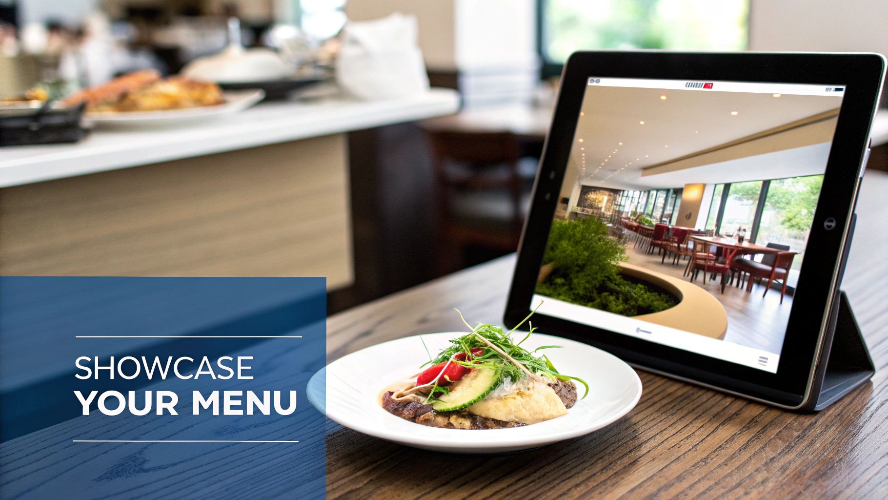 A gourmet dish on a white plate next to a tablet showcasing a modern restaurant interior and 'SHOWCASE YOUR MENU' text.