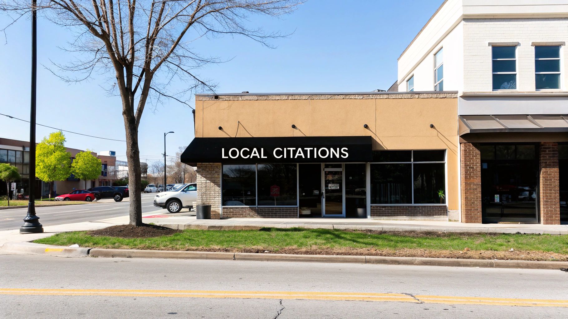 An illustration showing a business location on a map with digital pins representing online citations.