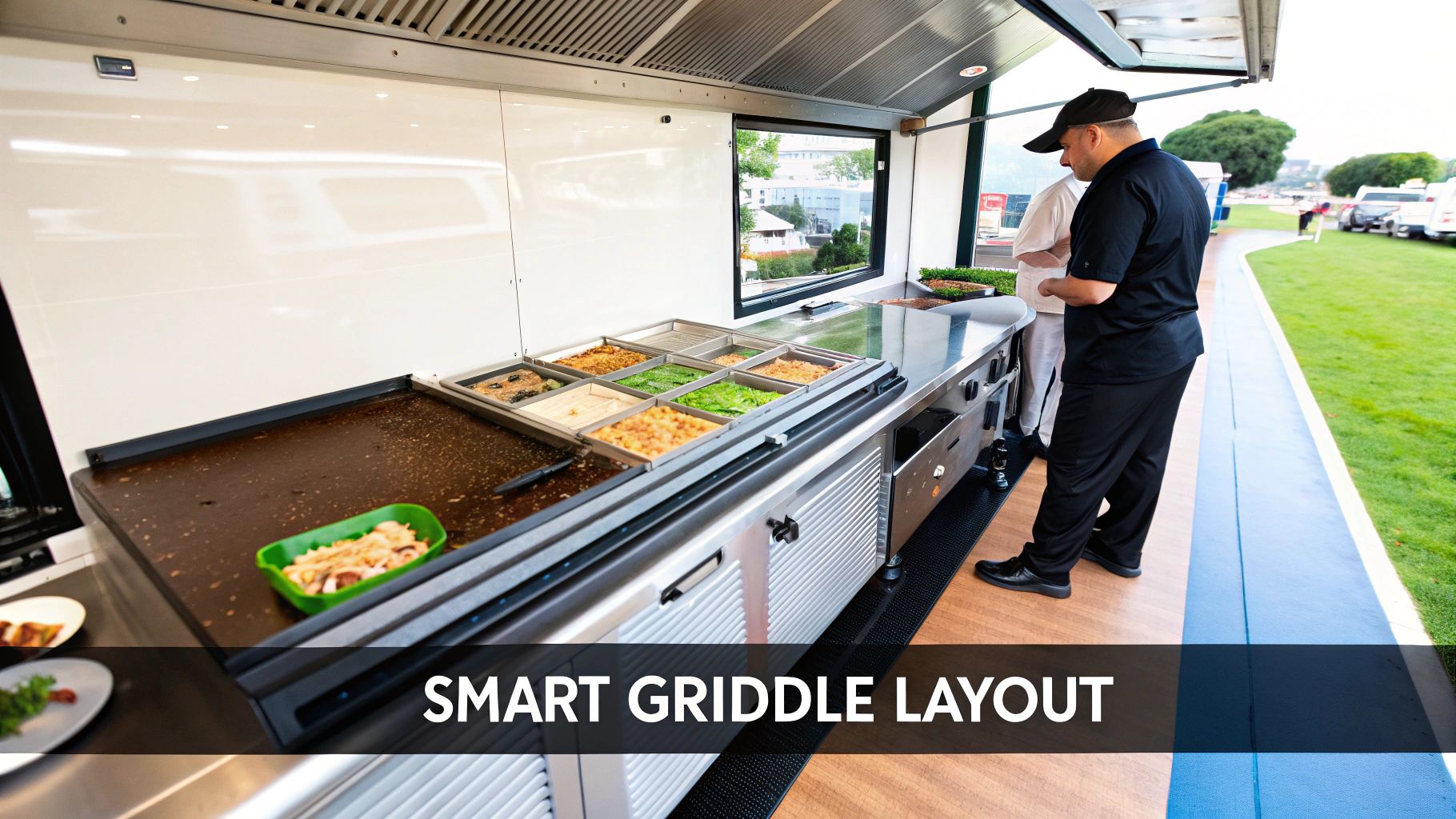 A modern food truck kitchen with a smart griddle layout, displaying various ingredients and two chefs.