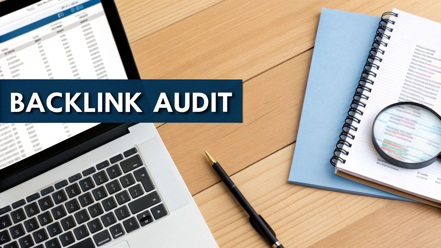 A top-down view of a desk with a laptop, tablet, pen, and notebook, featuring a 'BACKLINK AUDIT' banner.