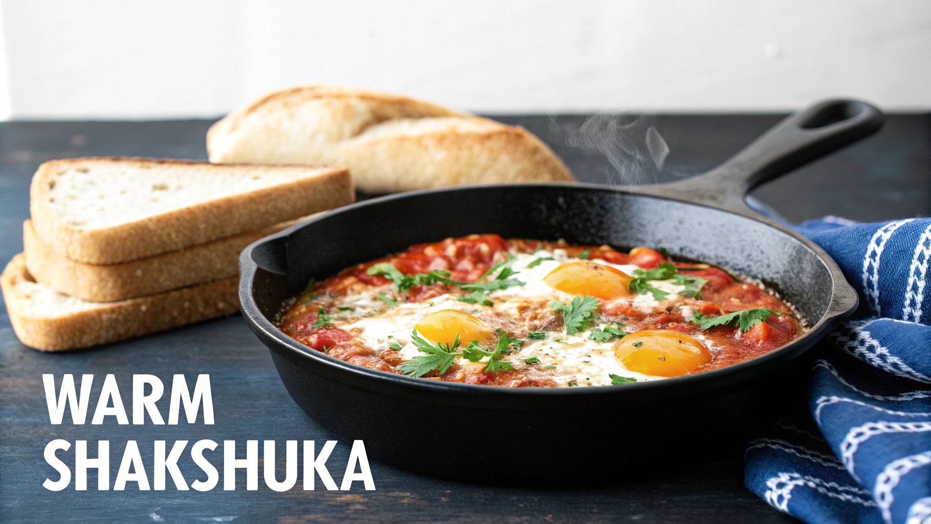 Warm shakshuka with three fried eggs and fresh parsley in a cast iron skillet, served with bread.