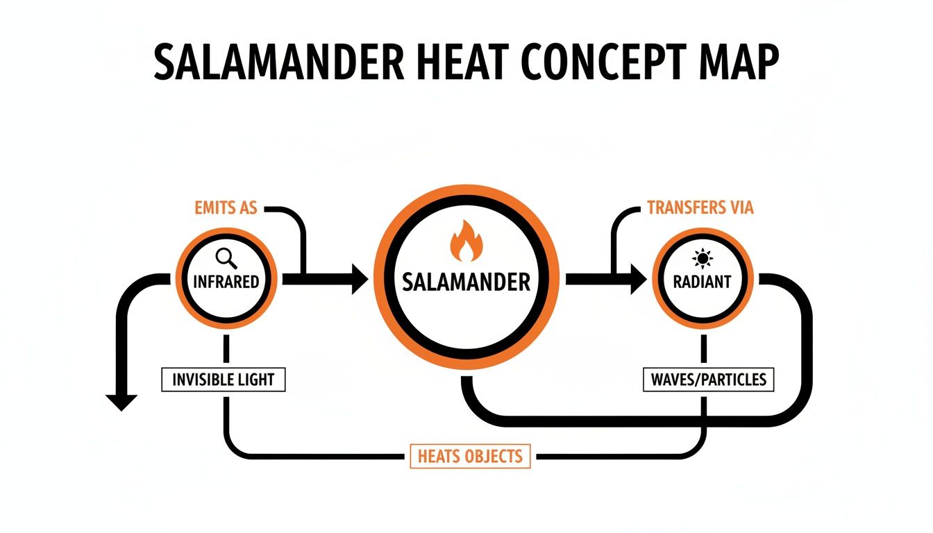 Concept map showing how salamander heat emits as infrared (invisible light) and transfers as radiant energy to heat objects.