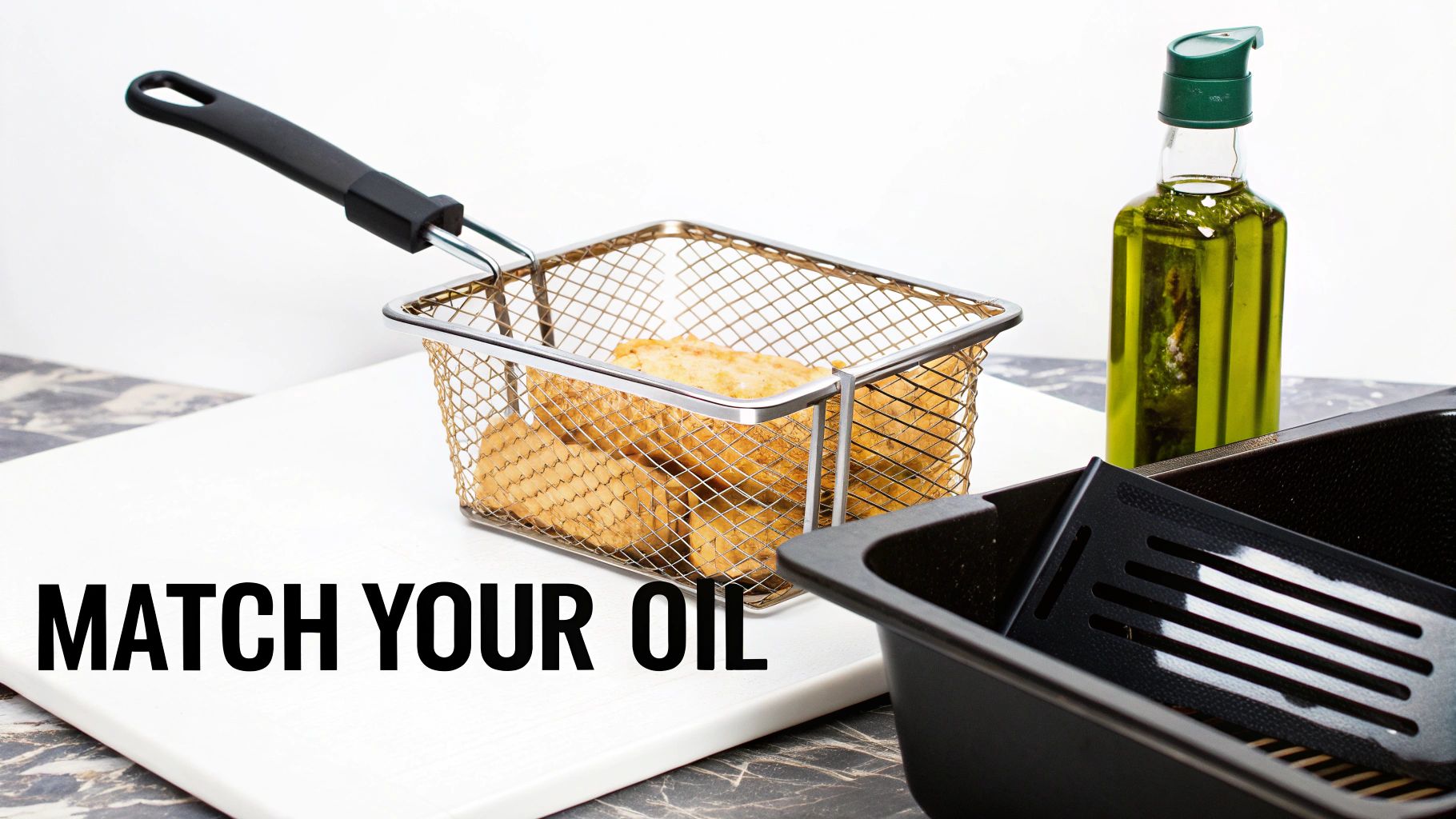 A metal deep fryer basket full of golden fried food next to a green bottle of olive oil.