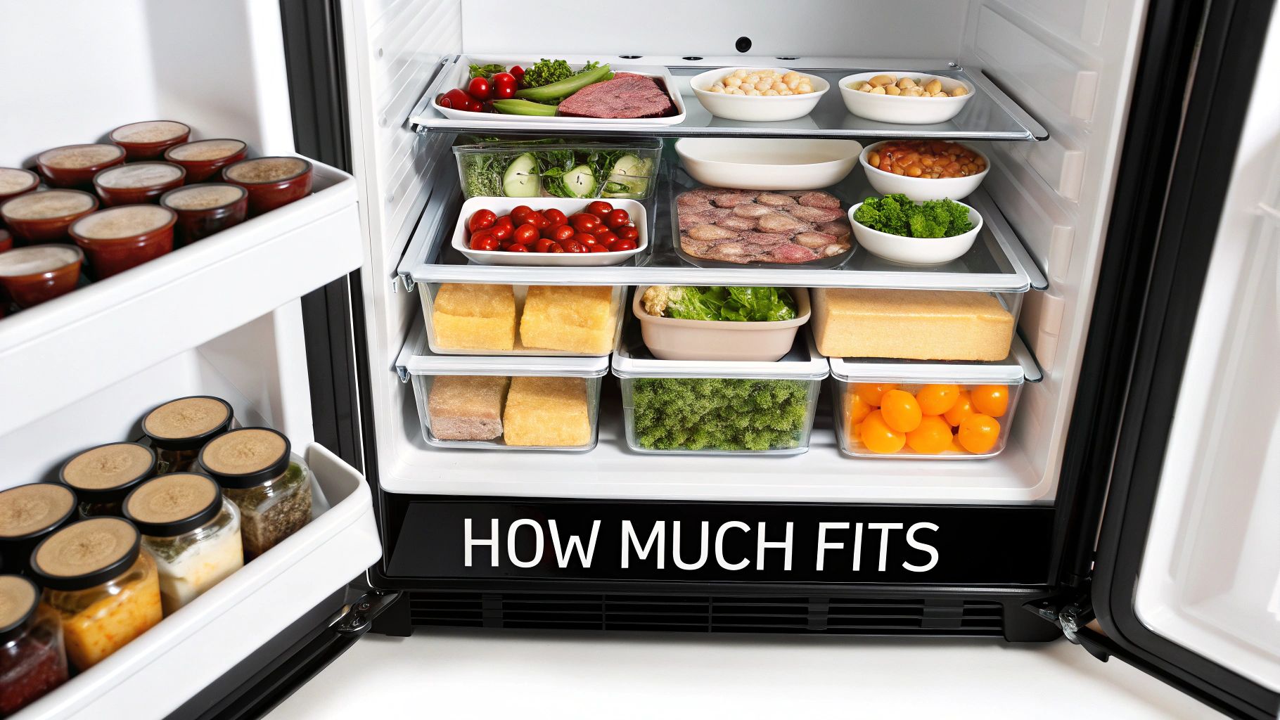An open undercounter refrigerator is neatly organized with various fresh and frozen food containers on shelves.