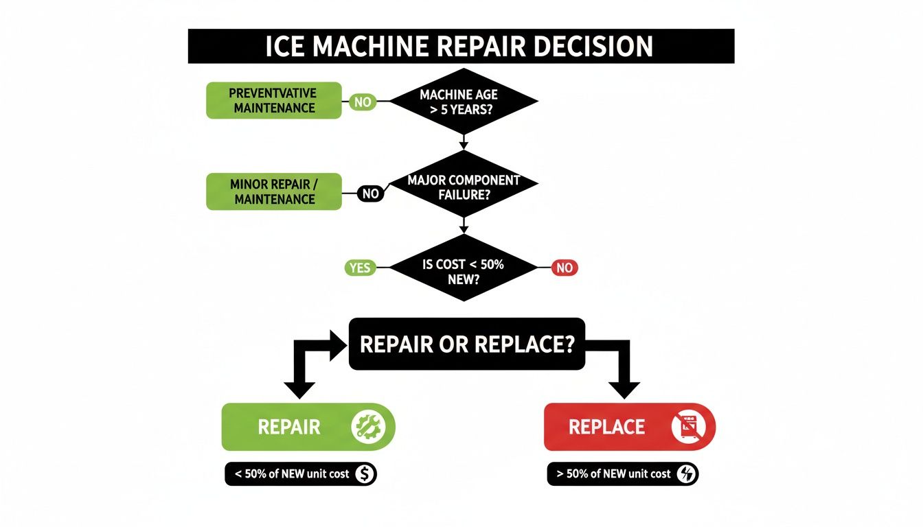 A decision flowchart for ice machine repair, considering age, failure, and cost to decide.