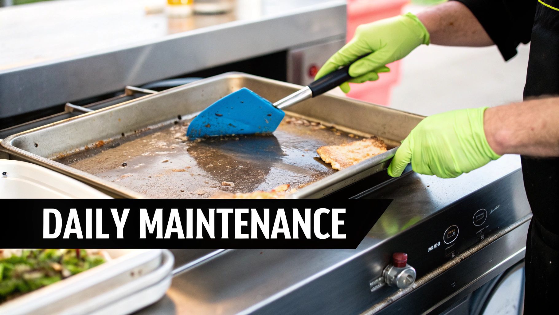 A person in green gloves uses a blue spatula to clean a greasy food truck griddle.