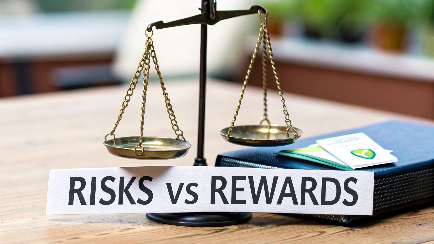 A brass scale balancing 'RISKS' on one side and 'REWARDS' on the other, symbolizing assessment.