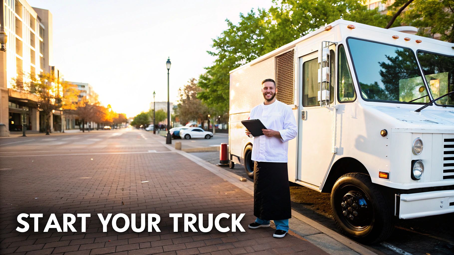A food truck parked on a city street, ready for business.