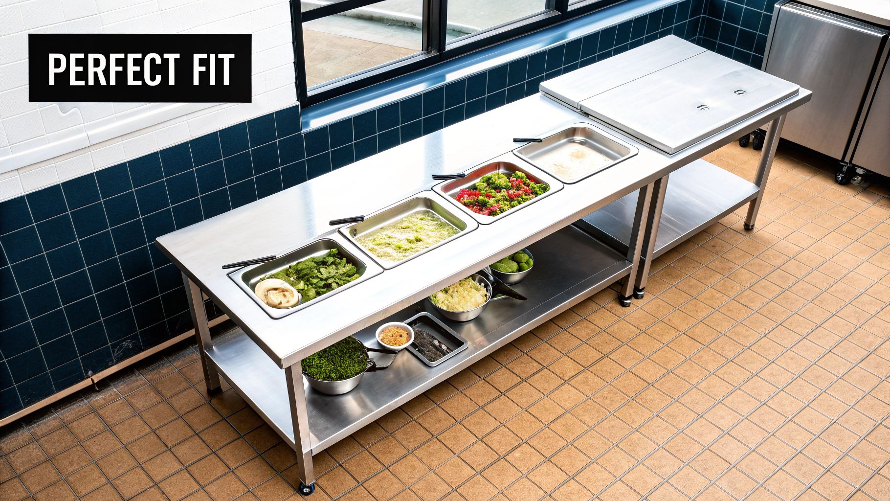 A shiny stainless steel kitchen prep table with several pans of fresh salad ingredients and sauces.