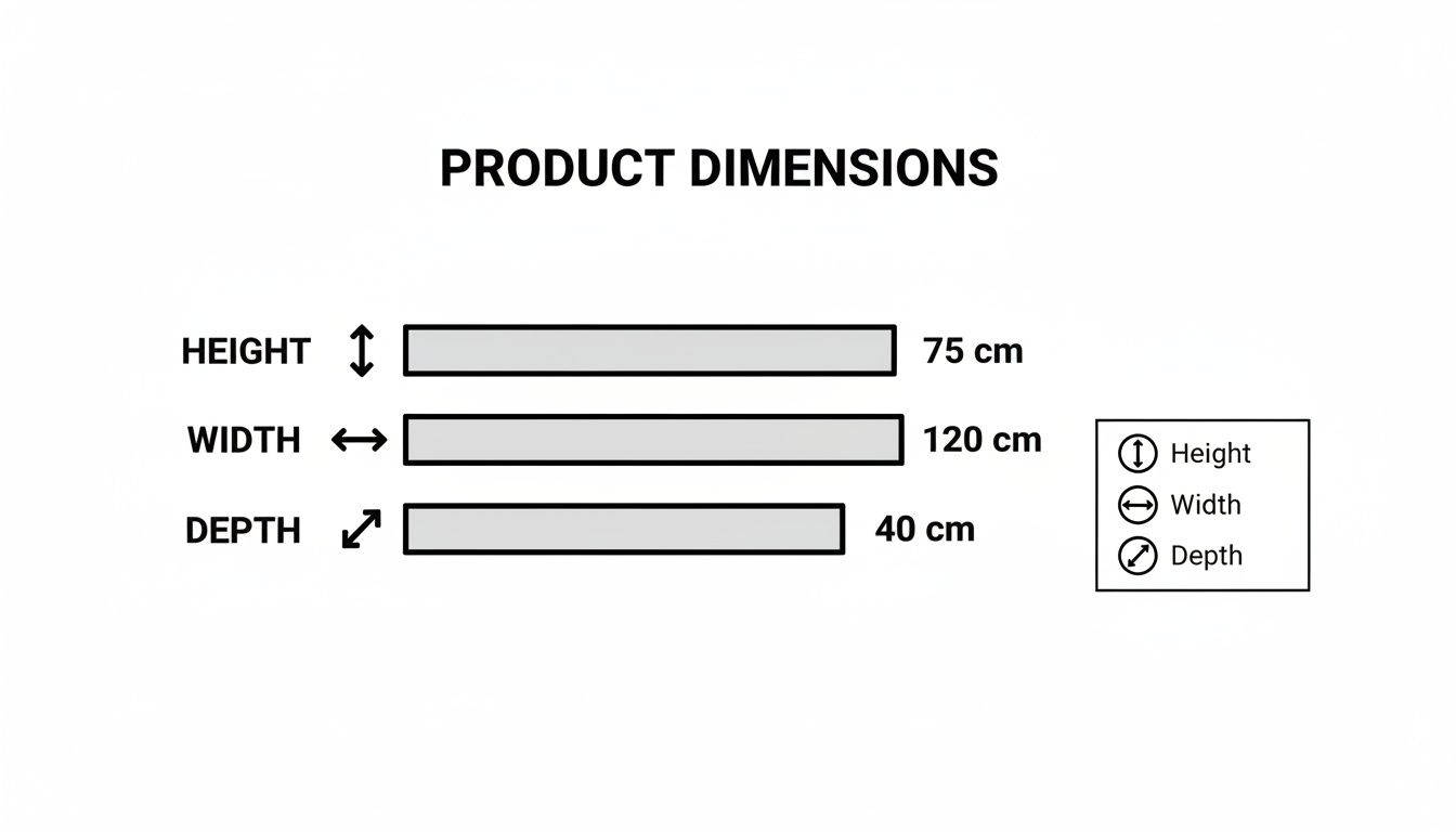 Product dimensions diagram showing height, width, and depth measurements for an item.