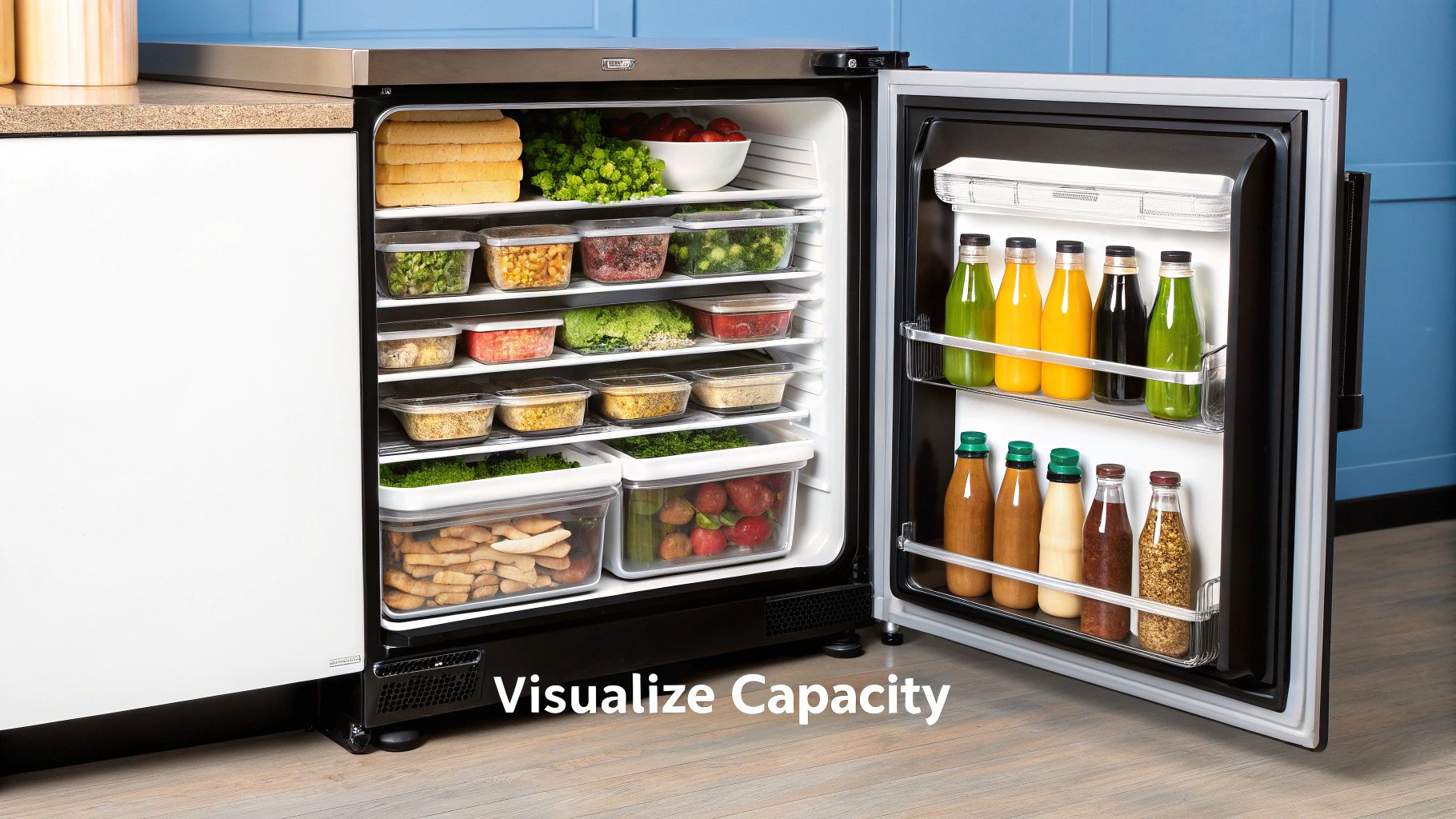 Opened under-counter refrigerator displays its capacity, organized with fresh food and bottled drinks.