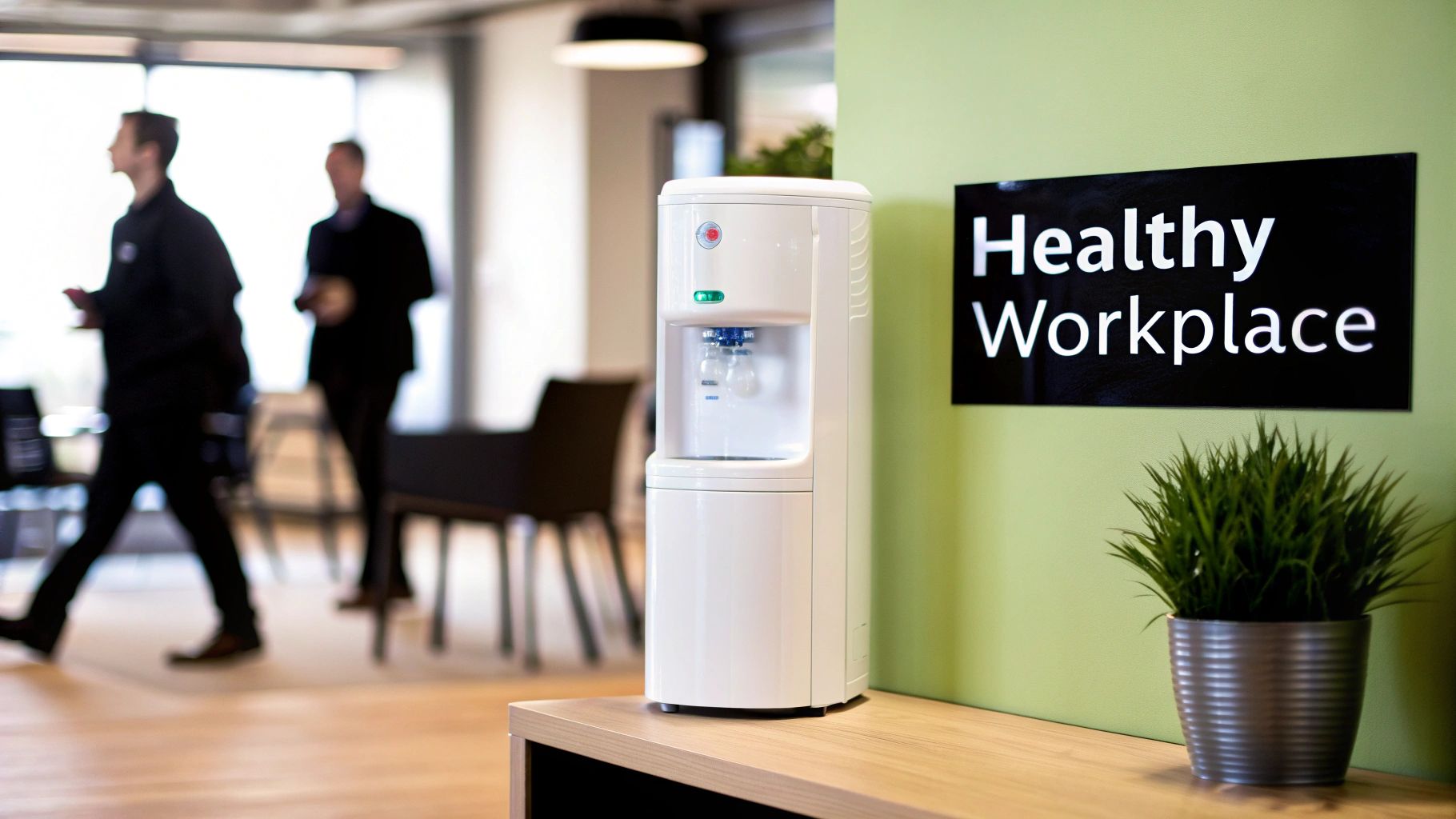 A white water cooler sits on a wooden counter in an office with a 'Healthy Workplace' sign.