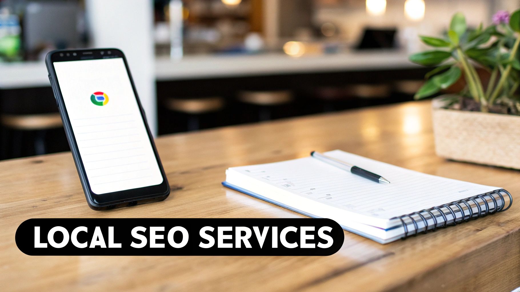 A smartphone displaying the Google logo, a notebook, and a pen on a wooden table, with 'LOCAL SEO SERVICES' text overlay.
