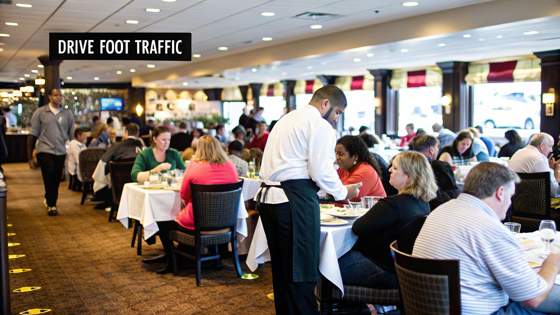A restaurant owner reviewing digital marketing analytics on a laptop while in their restaurant.