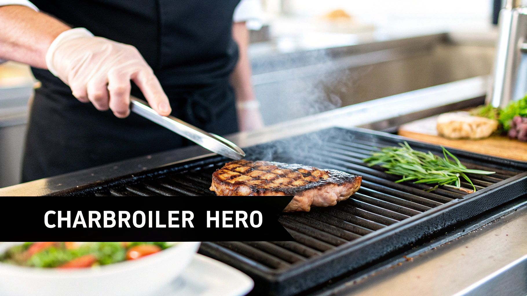 A chef in gloves uses tongs to grill a delicious steak on a charbroiler with rosemary.